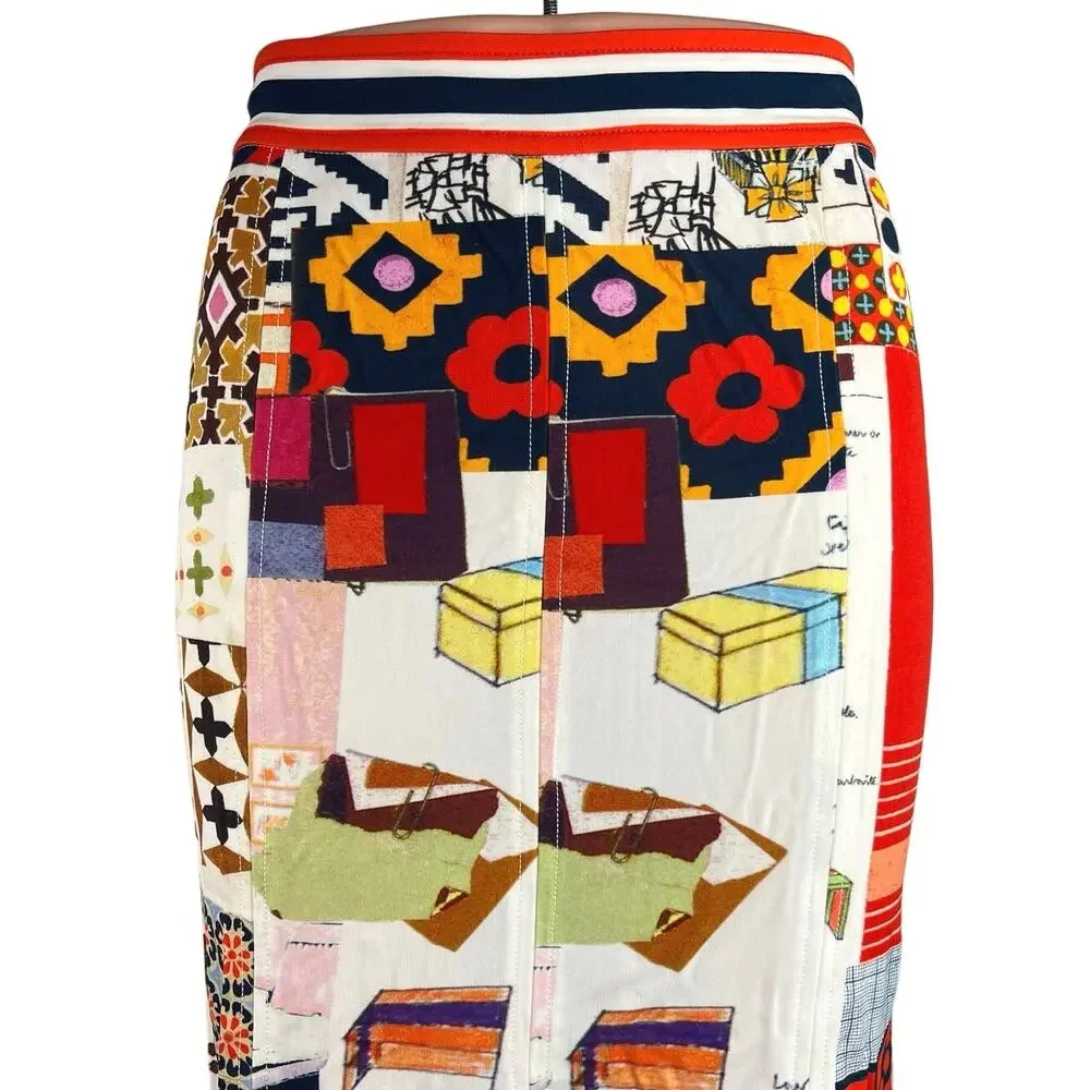 Tory Burch Multicolor Geometric Print Stretch High Waisted Flare Midi Skirt Sz S - Picture 2 of 4